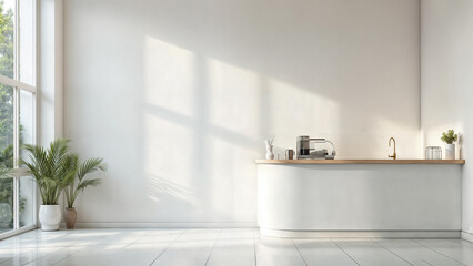 Bright minimalist kitchen. White interior design. Indoor plants decoration. Modern home decor. Cozy kitchen ambiance.