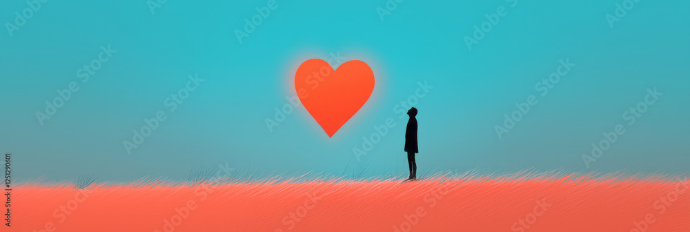 Aufkleber A sparse composition of a single figure gazing up at a heart merging with the horizon, gentle color