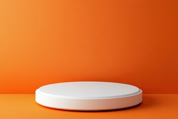 White, round podium on an orange background with copy space for product presentation, mock-up. Minimal, abstract geometric backdrop design. 3D rendering. Stock photo, high quality. 