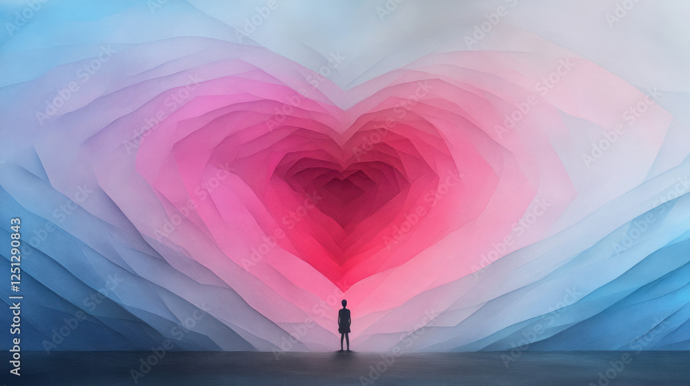 Poster a solitary figure framed by a heart that morphs into surrounding forms, gentle gradient tones