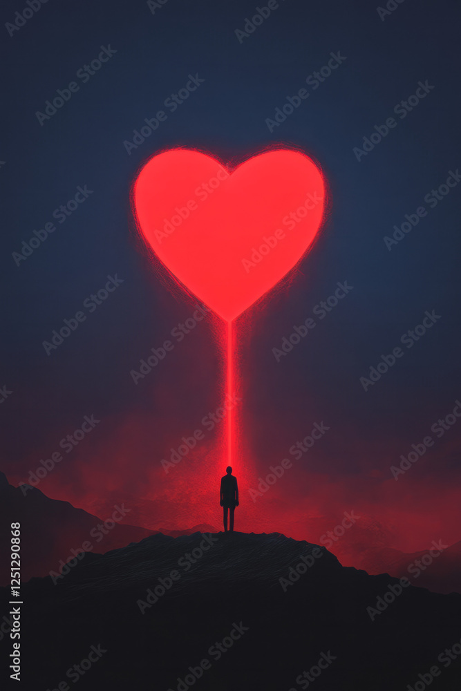 Poster a minimal scene of a figure in a vast space where a heart shape fuses with the terrain, luminous