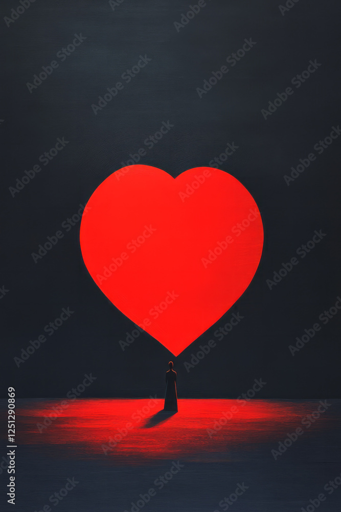 Poster A minimal scene of a figure in a vast space where a heart shape fuses with the terrain, luminous