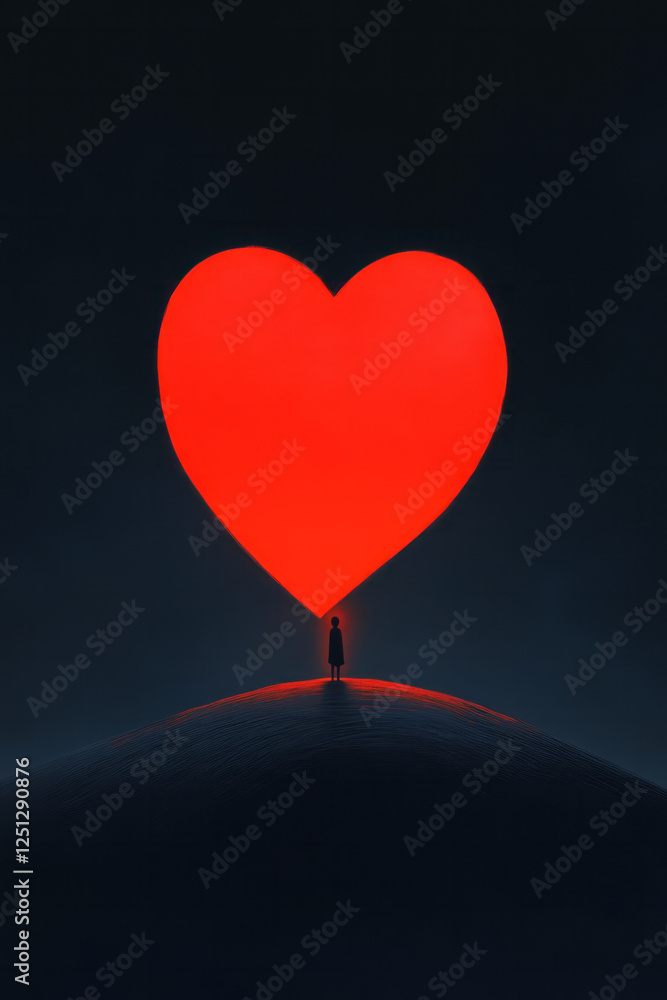 Poster A minimal scene of a figure in a vast space where a heart shape fuses with the terrain, luminous