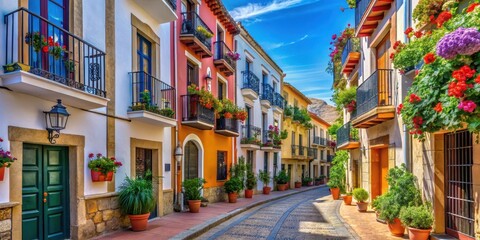 Fototapeta premium Narrow cobblestone streets lined with vibrant buildings and balconies adorned with colorful flowers in historic town of Denia, Spain , blue sky, colorful buildings