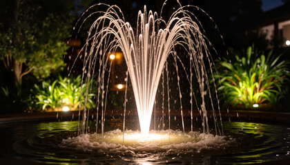 Illuminated fountain splashing in night garden, celebrating water