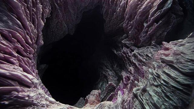 Exploration of an abstract cavern with intricate textures and shadowy depths in a dark environment