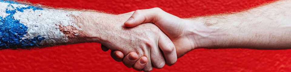 Naklejka premium Handshake with Blue and White Paint on Forearm