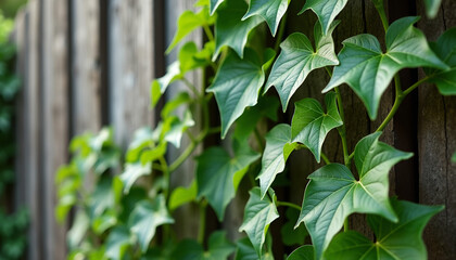 Climbing greenery with fresh green ivy leaves wrapping around a rustic wooden fence, enhanced by soft lighting and natural textures