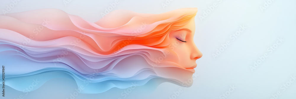 Poster a luminescent face floating among flowing, translucent shapes in alternating blue and orange,