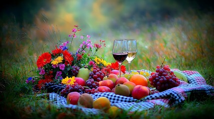Romantic Picnic with Wine and Fruit