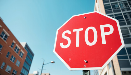 Obraz premium Stop sign against clear sky in urban setting, road safety awareness