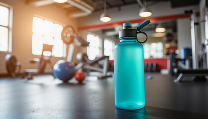 Vibrant reusable water bottle on gym floor, promoting hydration