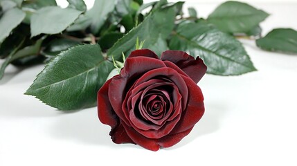 Single Dark Red Rose with Green Leaves on White Background