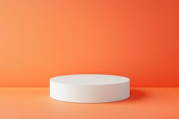 White, round podium on an orange background with copy space for product presentation, a mock-up design template. A mockup banner for the display of goods, advertising, and sale products.