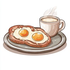 Sunny-side up eggs on toast with coffee; breakfast; morning meal; food illustration; menu design