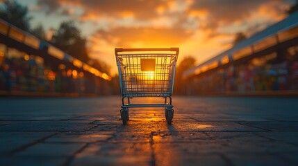 Dramatic sunset casts warm golden hues on an empty shopping cart parked outside a grocery store with soft shadows on the pavement and a slightly blurred background creating a contemplative