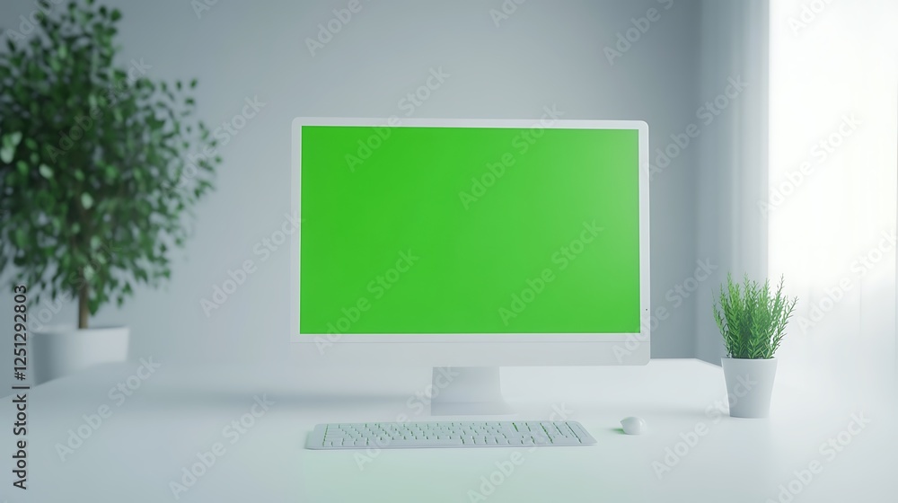 Poster A computer monitor displaying a green screen, ideal for tech and graphic design projects.