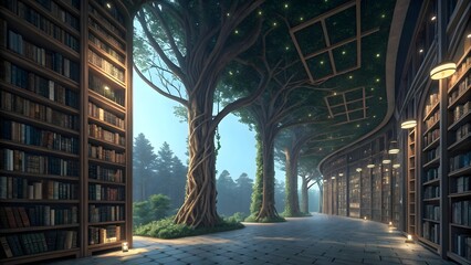 Fototapeta premium Enchanted Library with Large Trees Under Lighted Ceiling and Rows of Bookshelves in Mystical Forest