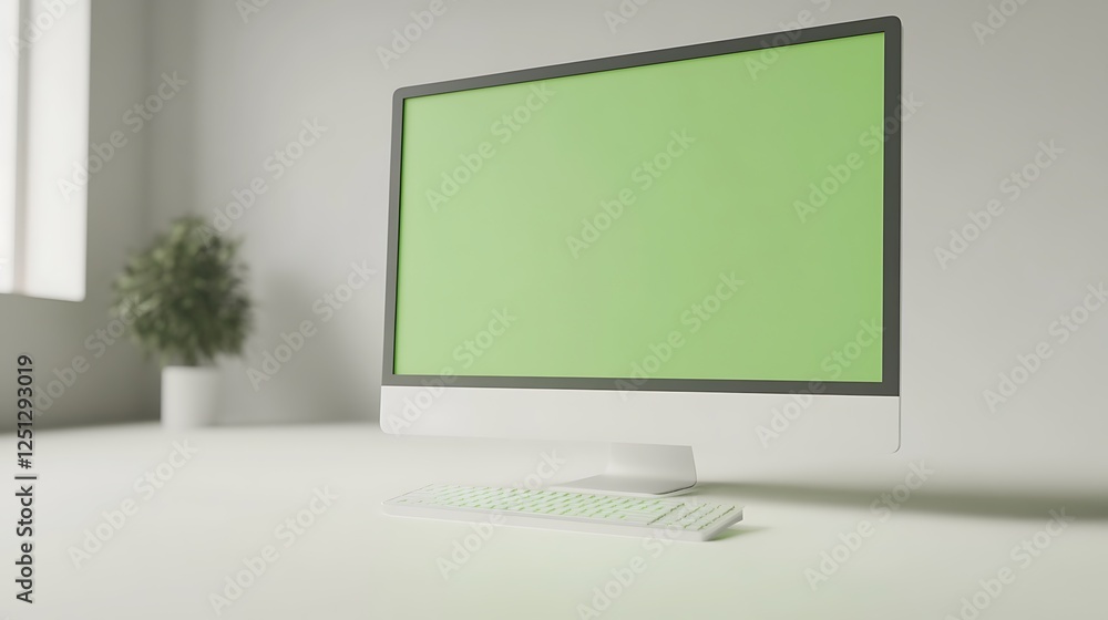 Poster A computer monitor displaying a green screen in a modern setup, ideal for design and tech visuals.