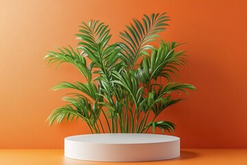 Obraz premium White, round podium on an orange background with copy space for product presentation, mock-up design. Minimal, abstract geometric composition, high-resolution photography, stock photo.