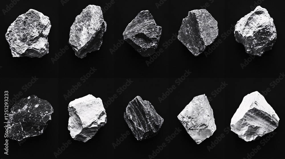 Poster monochrome image featuring ten different unpolished stones with rough surfaces showcasing geological