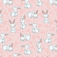 Floral wallpaper with hares. Animal concept. Trendy pattern. Can be used as wallpapers, wrapping paper, cards, etc. Hygge style.
