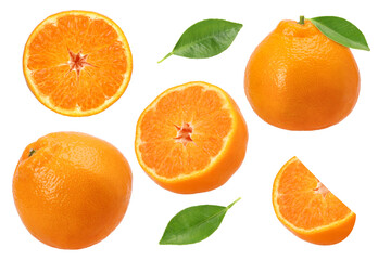 Orange fruit (Sumo Orange) with leaves, half and slices isolated,  transparent PNG, PNG format