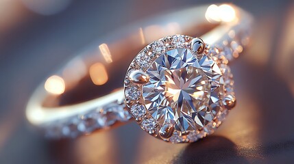 Fototapeta premium Elegant diamond ring featuring a halo setting for jewelry brand marketing.