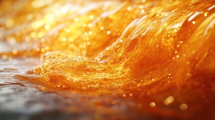 Golden liquid flowing, sunlit, close-up, texture