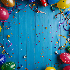 A blue wooden table with party decorations like balloons, streamers,