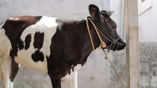 Closeup of a cow's face. The cow is chewing. 4K