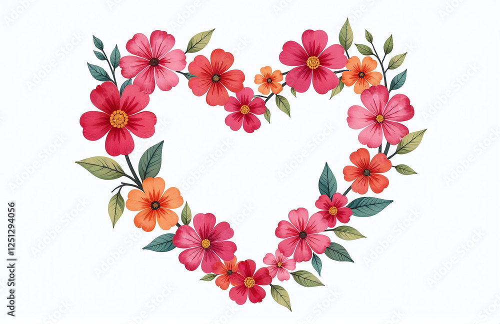 Poster Whimsical Watercolor Flowers Form A Heart Shape Against A White Background Created With E Art Technology Symbolizing Love. 00002