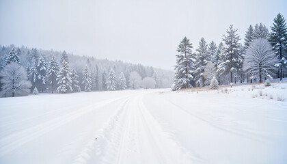 Obraz premium Serene snowy hiking path under light snowstorm, winter wilderness