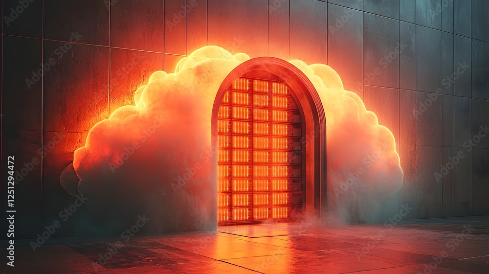 Poster conceptual depicting secure data storage in a glowing futuristic cloud like digital infrastructure t