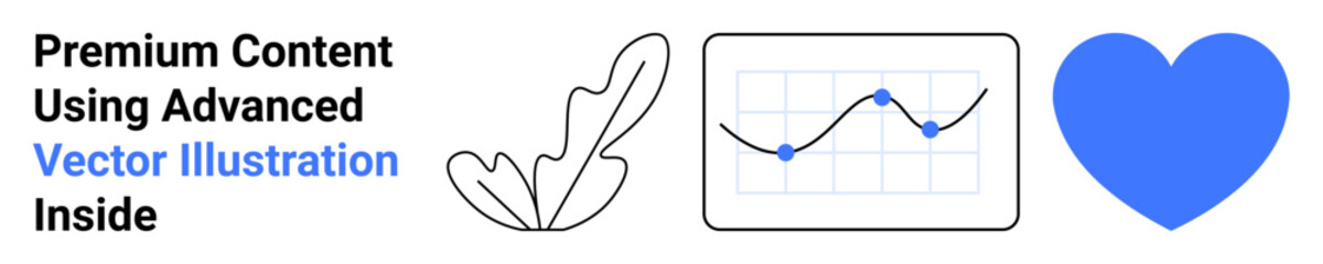 Bold text highlighting quality content paired with a minimalist leaf, analytics graph, and heart. Ideal for creativity, analytics, sustainability, marketing, technology, innovation flat landing page