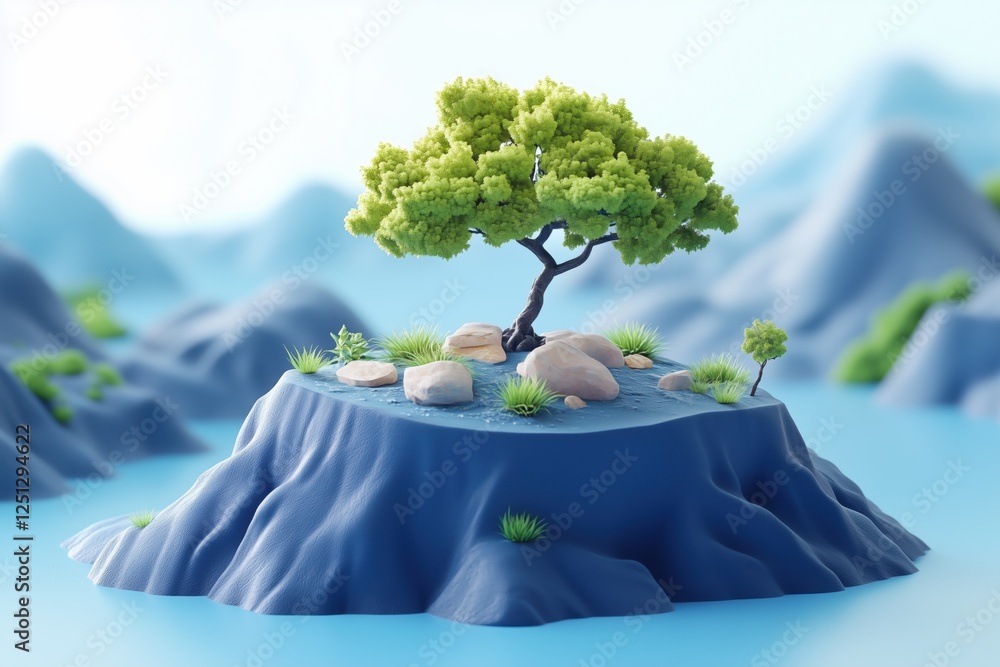 Poster a stylized miniature landscape featuring a small island with a green tree, rocks, and grass. the bac