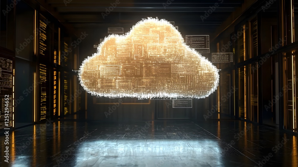Poster ethereal holographic cloud suspended in a digital labyrinth of encrypted files and codes futuristic 