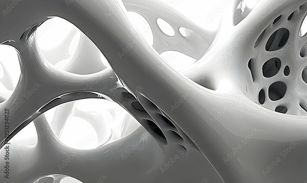 Poster abstract grayscale 3d render of a complex, organic structure; intricate network of interconnected ca