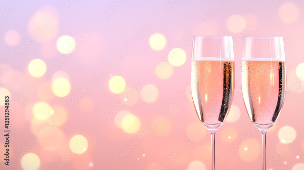 Poster a sophisticated champagne setting with sparkling bubbles dancing in tall glasses, the warm and