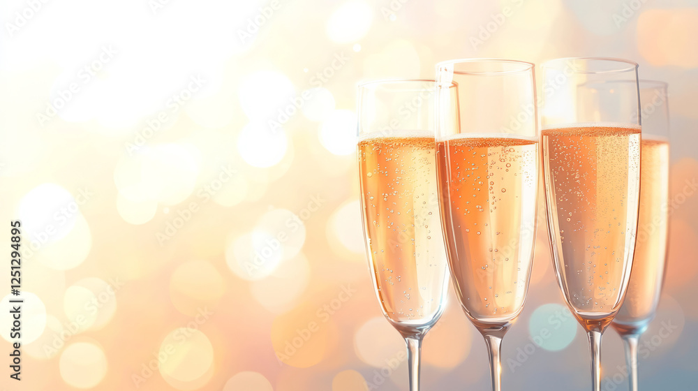 Poster a sophisticated champagne setting with sparkling bubbles dancing in tall glasses, the warm and