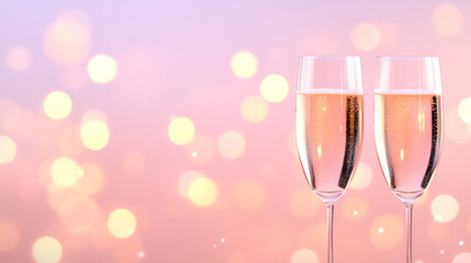 A sophisticated champagne setting with sparkling bubbles dancing in tall glasses, the warm and