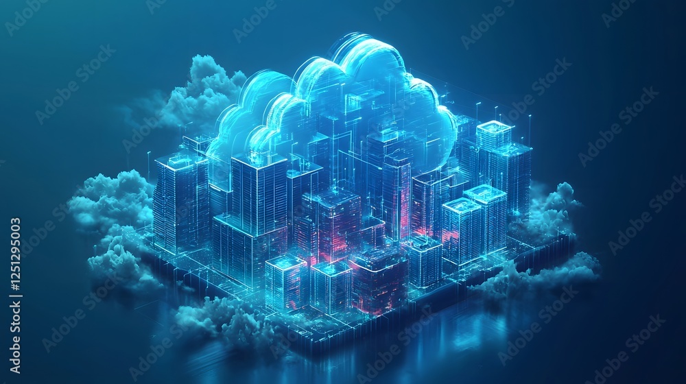 Poster futuristic blue toned digital city with cloud like architectural structures representing cloud stora