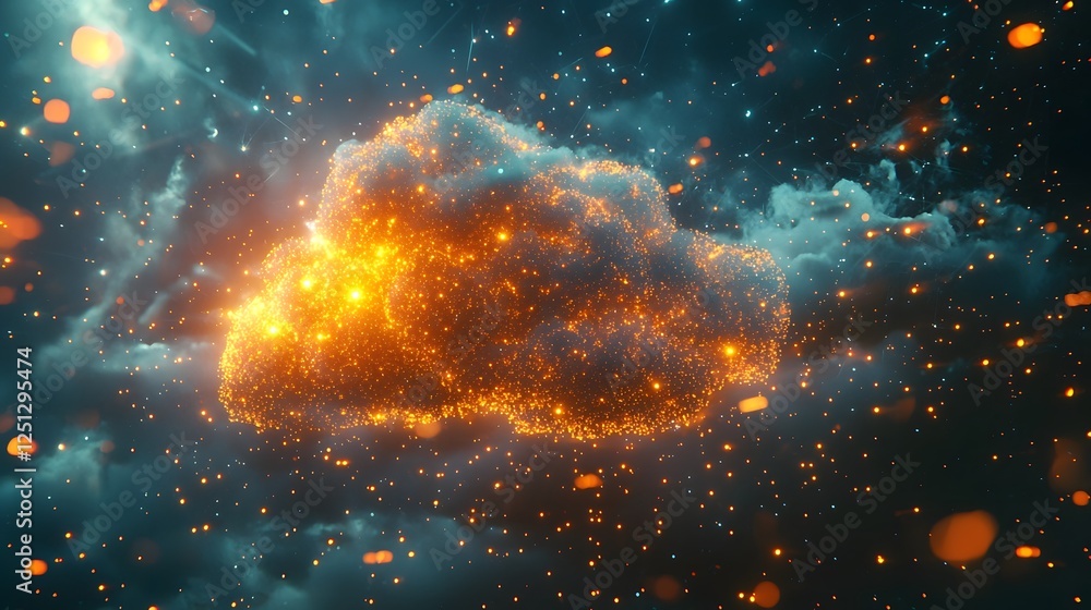 Poster glowing digital cloud with a network of interconnected nodes and secure technological elements repre