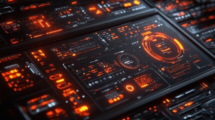 Obraz premium Futuristic interface displays data; control room background; tech concept