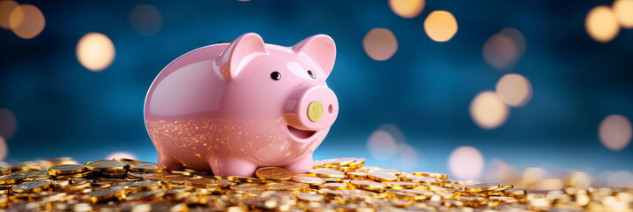 A shiny pink piggy bank set atop a pile of radiant gold coins, a single coin in its mouth