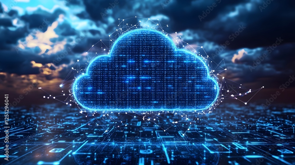 Poster dynamic concept of cloud storage with data transferring across digital systems and networks futurist