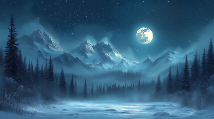 Fototapeta premium Magical winter night with snow-covered mountains, tall pines, and starlit sky. Moonlight glows softly, creating a serene landscape.