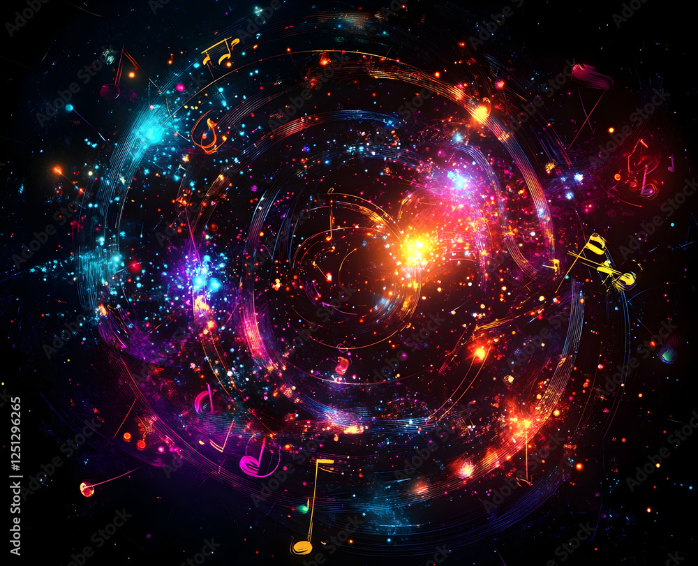 Wall mural a vector background with glowing musical notes and elements