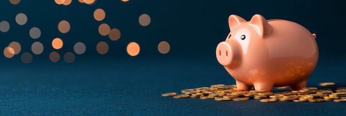 A polished piggy bank spotlighted among shimmering gold coins, a coin in its slot, radiating a