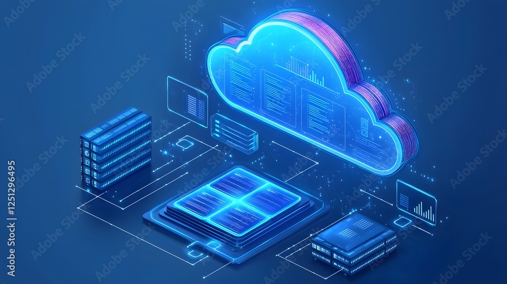 Poster dynamic concept of futuristic cloud storage and data transferring across digital systems of a visual